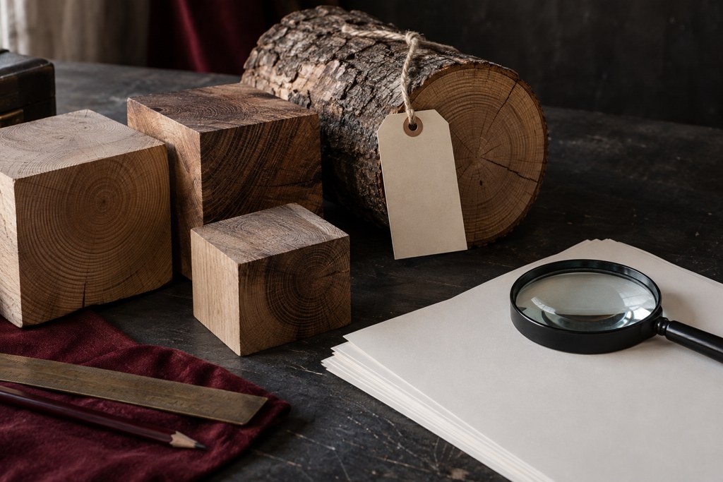 Timber samples beside a blank lot tag and document sheets